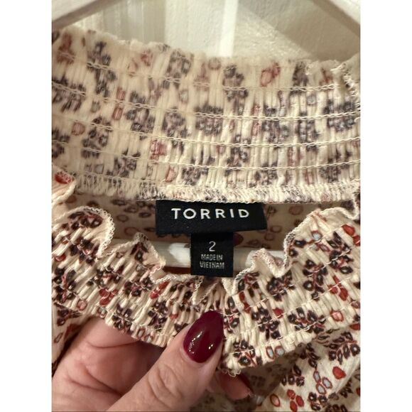 Torrid Mixed Print Cream & Rust Keyhole Elastic Hem Blouse sz 2X EUC - Picture 4 of 8